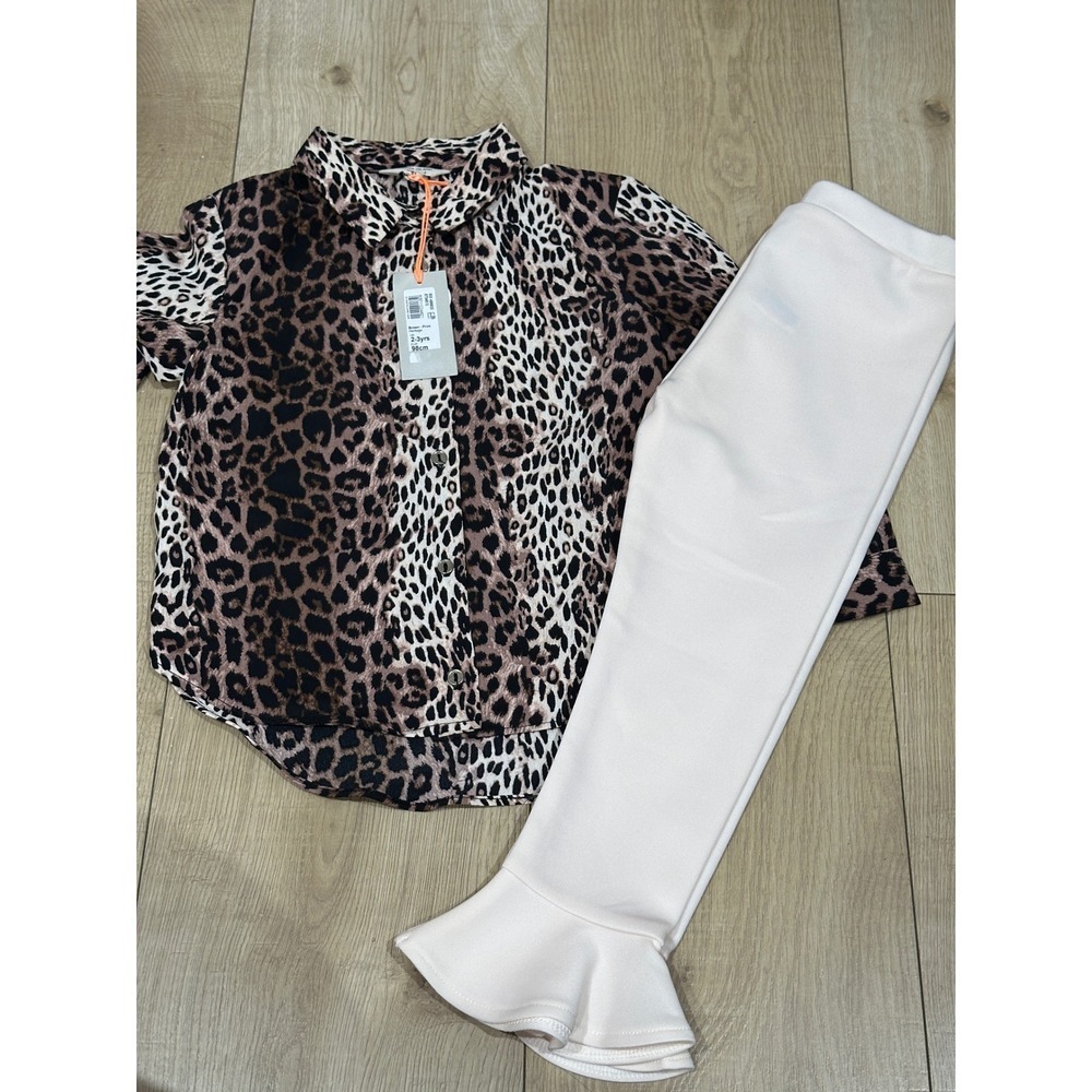 River Island Mini Girls Leopard Print Shirt and Ruffle Hem Pants Set 2-3 Years